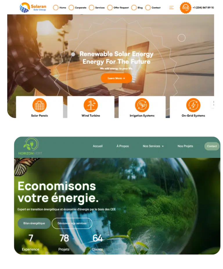 interface moderne du site présentant les services d'économie d'énergie de l'entreprise